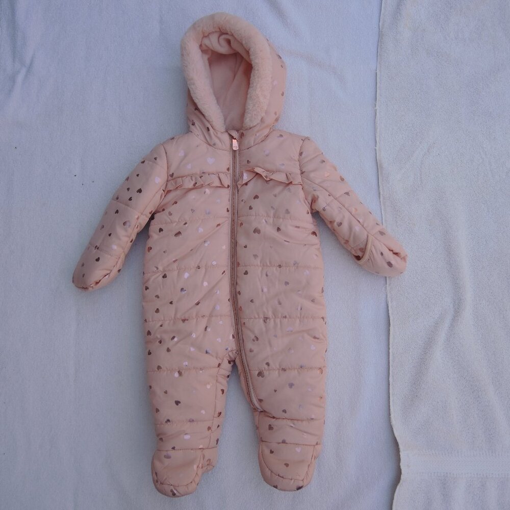 Kensie Girl Pink Hooded Puffer Baby Bunting with Heart Print